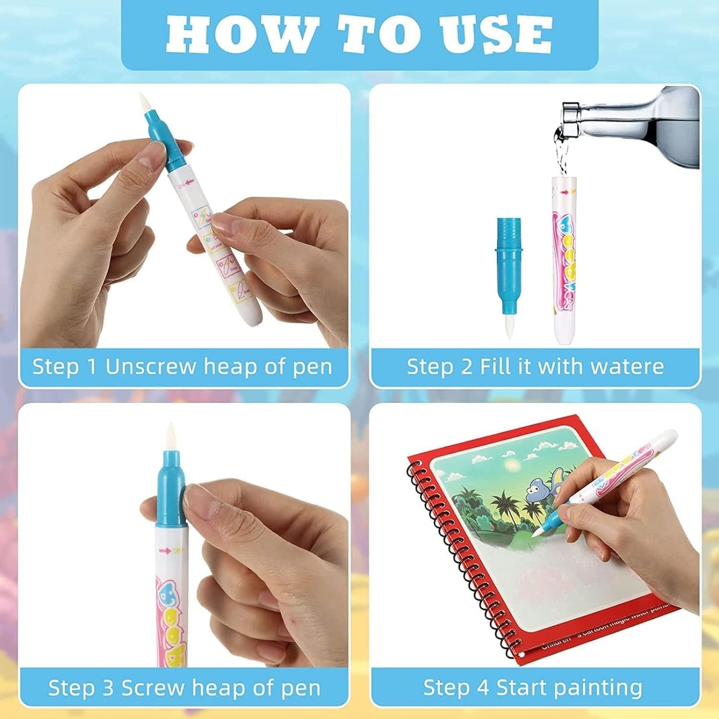 Buy 3 Get 3 Free | Pack of 6 Water coloring Books | Magic Water Drawing Book Coloring Doodle Reusable Activity Book for kids | PACK of 6 - Baby Products